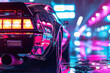 Neon car in 80s synthwave style racing to the city