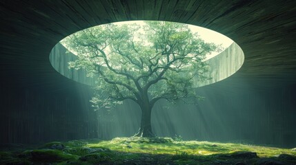 Wall Mural - a tree in the middle of a forest with sunlight streaming through the trees and a circular opening in the ground.