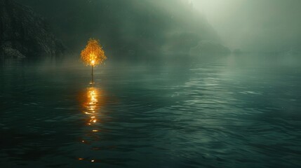 Wall Mural - a lone tree in the middle of a body of water in the middle of a dark, foggy day.