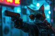 chubby cute cat cyberpunk shooter soldier holding gun prepare to shoot enemies in cyberpunk city
