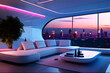 © Andreas - futuristic living room, modern furniture and beautiful skyline view