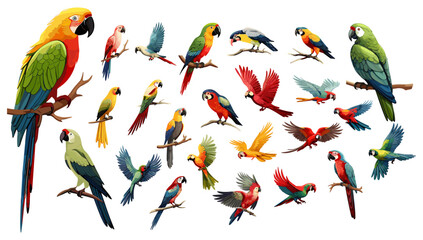 Sticker - Parrots jungle tropical birds, cartoon style colorful vector set. Flying animal from different angles with beak, wings, milticolor. Detailed cartoon illustrations isolated on white background