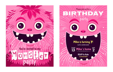 Wall Mural - Monster party invitation set. Happy Birthday greeting cards. Festive postcards featuring a fluffy cartoon monster. Vector design with a cute creature for your celebration event. Layered template.