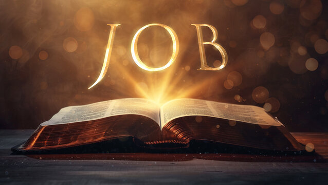 book of job. open bible revealing the name of the book of the bible in a epic cinematic presentation
