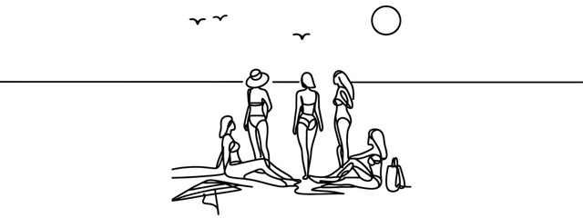 continuous single drawn one line of a girl sunbathing on a beach drawn by hand silhouette picture. Line art. character girl resting