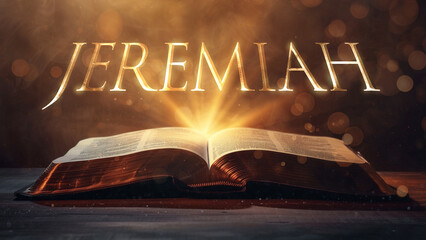 Wall Mural - Book of Jeremiah. Open bible revealing the name of the book of the bible in a epic cinematic presentation. Ideal for slideshows, bible study, banners, landing pages, religious cults and more