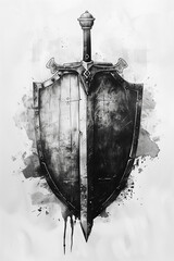 Wall Mural - a painting of justice scales and a sword shield, in the style of realistic watercolors