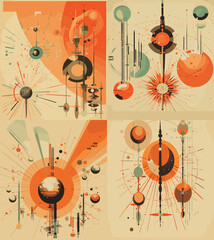 Wall Mural - Vintage poster concept illustrations inspired by futurism. Gradient posters in orange and red colors with spheres and aggressive lines. Vector graphic isolated on white background