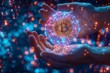 © ParinApril - Hands holding a holographic Bitcoin symbol with digital data background.