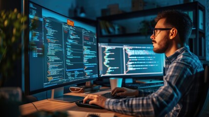 a software developer works on code late into the night, illuminated by the glow of multiple computer