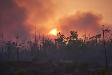 Wildfire aftermath Scorched trees and smoke fill the sky