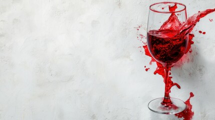 a glass of red wine being poured into a wine glass with red liquid spilling out of it on a white background.