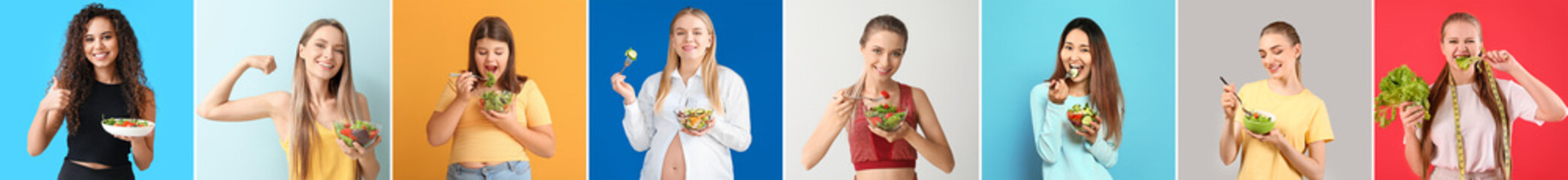 Wall Mural - Collage of young women and girl with healthy vegetable salads on color background