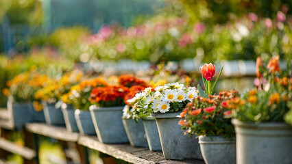 Sticker - Colorful flowers in pots on wooden table in garden for sale in spring summer season. Selective focus.