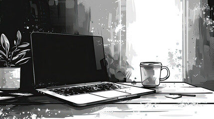 black and white laptop modern technology, ai generated , .Modern laptop extend screen digital tablet 