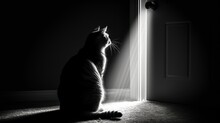 A Black And White Photo Of A Cat Looking Up At The Light Coming Through The Door Of A Dark Room.