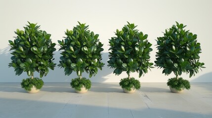 Wall Mural - a group of three potted plants sitting on top of a white floor next to each other in front of a white wall.