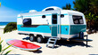 Blue and white tourist caravan trailer parked on the sandy beach by the sea and palm trees.