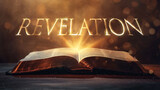 Fototapeta Uliczki - Book of Revelation. Open bible revealing the name of the book of the bible in a epic cinematic presentation. Ideal for slideshows, bible study, banners, landing pages, religious cults and more.