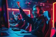 group of happy male cyber sport gamers raising hand, celebrating success participating as one team in professional eSports tournament
