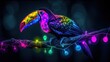 a colorful bird sitting on top of a tree branch next to a colorful string of lights on a black background.