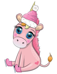 Cute cartoon unicorn in santa hat with gift, christmas ball, candy kane. New Year and Christmas holiday