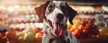 Cheerful dog explores a pet supermarket with a plethora of items. Concept Pet Supermarket Adventure, Curious Canine, Shopping Spree, Animal Companion, Exciting Exploration