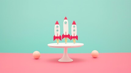 Sticker - a cake with three rockets on top of it and three eggs on the bottom of the cake stand on a pink and blue background.