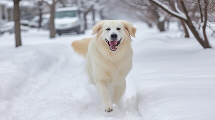 Wall Mural - a dog is walking through the snow in front of some trees and a truck on the road in the background.