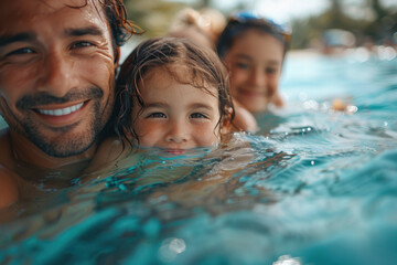 Wall Mural - Asian family mom, dad and child swim on tropical sea against the background of palm trees