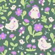Cute seamless pattern with chickens and floral elements. Vector illustration with cartoon drawings for print, fabric, textile.