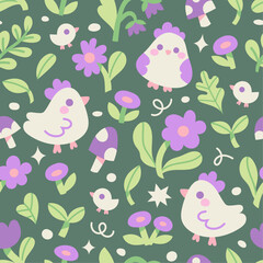 Wall Mural - Cute seamless pattern with chickens and floral elements. Vector illustration with cartoon drawings for print, fabric, textile.