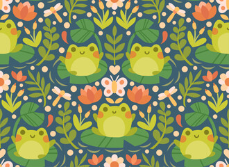 Wall Mural - cute vector seamless pattern with frogs and floral elements. cartoon beautiful background.