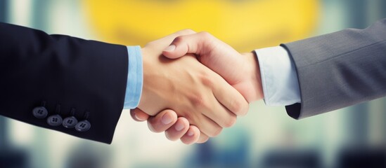 In this close-up shot, two individuals, identifiable as business people, are engaged in a handshake. Their hands meet in the center, symbolizing a connection or agreement. Both individuals have smiles