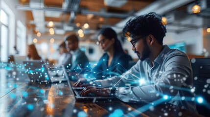 Busy multicultural enterprise employees sitting at desks working on computers in modern office rush,businessmen in office hand working on laptop computer with financial business, 