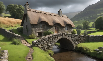 Wall Mural - An old house on a green lawn by the river.