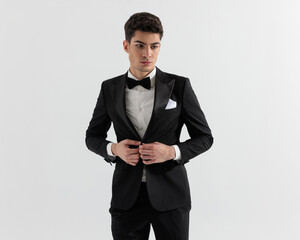 Wall Mural - handsome guy model buttoning his black tuxedo