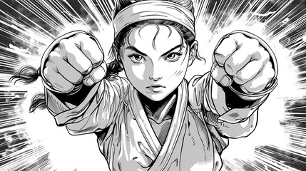 karate young girl in karate pose in comic book style black and white art