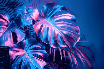 Wall Mural - Tropical leaves, colorful glowing neon summer background.