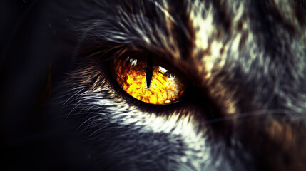 Poster - a close up of a cat's eye with yellow and black stripes on the outside of the cat's eye.