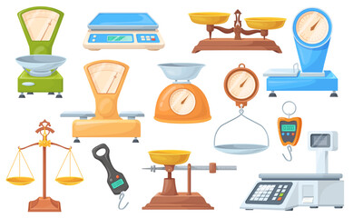 Retail scales. Digital scale and mechanical weighed, seesaw balance food weighing for laboratory store mechanism vintage libra precision instrument cartoon neat vector illustration