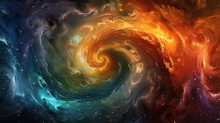 Poster - an image of a colorful swirl in the middle of a space filled with stars and a black hole in the center of the image.