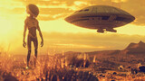 illustration of an alien standing in desert landscape beside an alienship