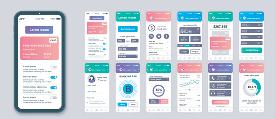 Poster - Banking mobile app screens set for web templates. Pack of credit card information, financial management, online payments menu. UI, UX, GUI user interface kit for cellphone layouts. Vector design