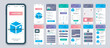 Delivery mobile app screens set for web templates. Pack of shipping service, calculate package, tracking parcel with location. UI, UX, GUI user interface kit for cellphone layouts. Vector design