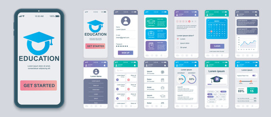 Leinwandbilder - Education mobile app screens set for web templates. Pack of student profile, learning courses, calendar, online lessons, progress. UI, UX, GUI user interface kit for cellphone layouts. Vector design