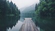 Tranquil Forest Lake with Pier and Misty Mountains Reflection