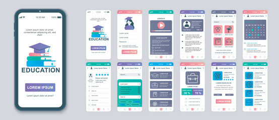 Leinwandbilder - Education mobile app screens set for web templates. Pack of student profile, online lessons, science learning, progress statistic. UI, UX, GUI user interface kit for cellphone layouts. Vector design