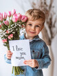 Adorable little Caucasian boy holding bouquet of flowers and card that says 