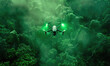 A flying drone, neon green glowing background